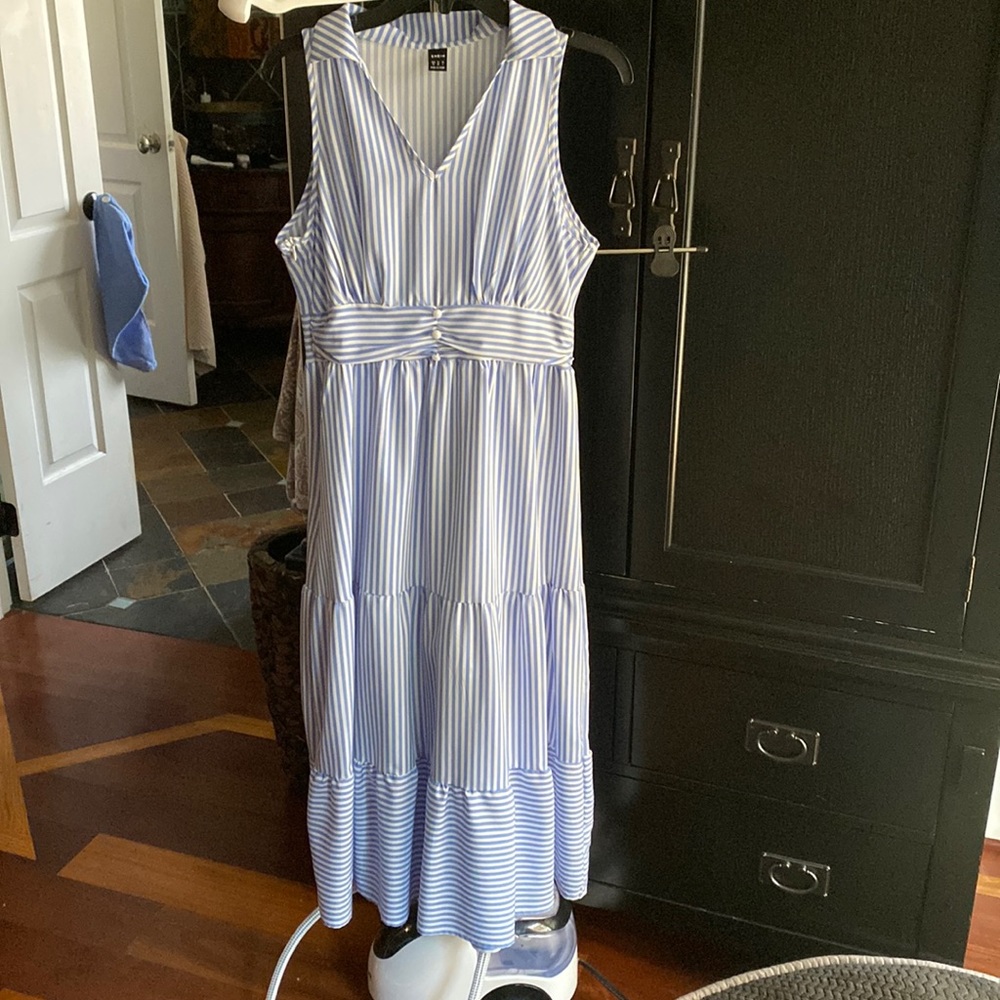 Blue & White Seersucker Dress with pearl buttons